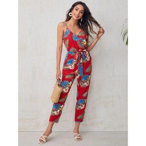 NEW! Size 12 Surplice Neck Self Belted Tropical Cami Jumpsuit